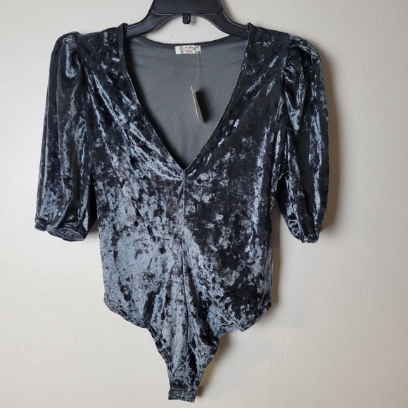NWT Free People Don't You Wish Velvet Bodysuit V-neck Sunflower Seed Gray Sz XS - Picture 2 of 10